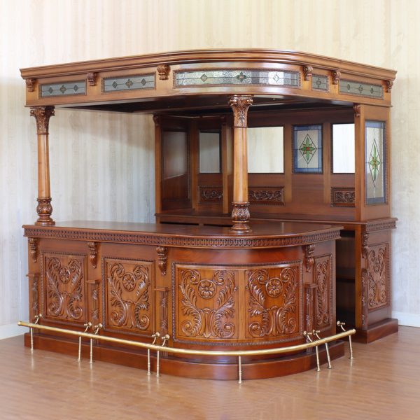 Florence Custom Mahogany Canopy English Pub Bar Pub Bar w/ Leaded Stained Glass DoorsClassic Mahogany Furniture