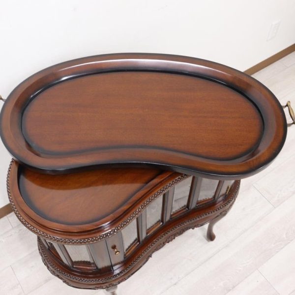 Solid Mahogany Wood Tea Table Peanut with Tray Brown Classic Imported Elegant European Antique