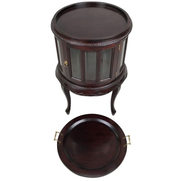Solid Mahogany Victorian Colonial Style English Round Tea Table in Black Mahogany with Glass Mini Bar