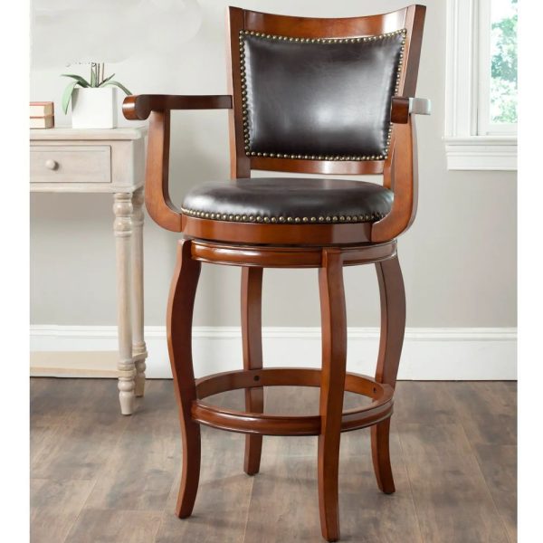 Walma Solid Mahogany Classic Furniture Genuine Leather Swivel Bar Stool